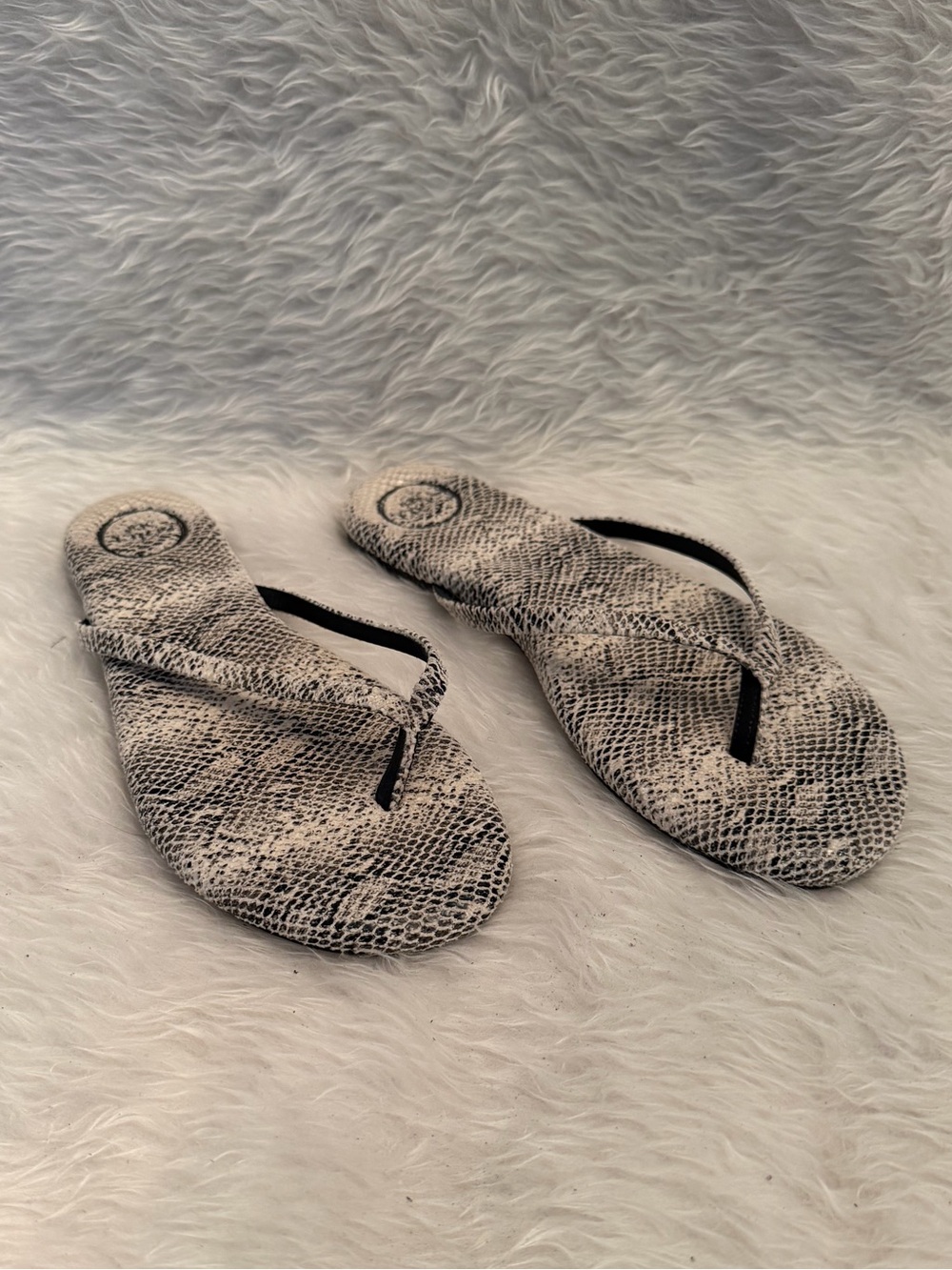 Women's Cream and Black Snake-Print Flip Flop Sandals